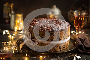 Traditional Christmas fruit cake on dark background