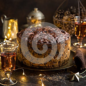 Traditional Christmas fruit cake on dark background