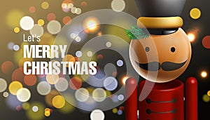 Traditional Christmas holiday nutcracker figurine with Xmas tree bokeh lights background. Vector illustration