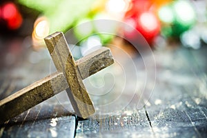 Traditional Christmas Holiday Ornaments and Christian Cross on a