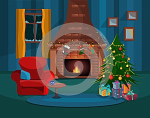 Traditional Christmas interior of room with gifts, tree, window and decorated fireplace.