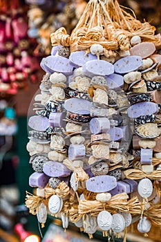 Traditional christmas market decoration, kiosk full of flavoured soaps