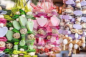 Traditional christmas market decoration, kiosk full of flavoured soaps