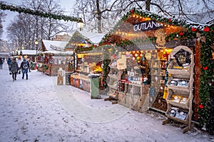 Oslo, Norway - Traditional Christmas market with falling snow