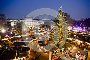 Traditional Christmas Market in Vienna Austria. Aerial view