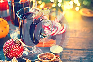 Traditional Christmas mulled wine hot drink. Holiday Christmas table