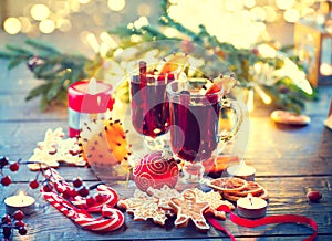 Traditional Christmas mulled wine hot drink. Holiday Christmas table