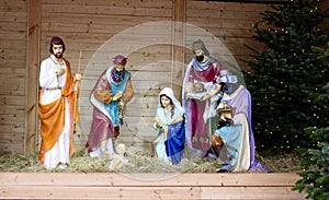 Traditional christmas nativity scene with baby Jesus Christ, Mary, Joseph and three Magi