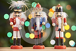 Traditional Christmas nutcrackers, green background with colored lights
