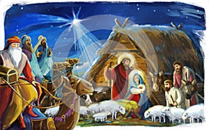 traditional christmas scene with holy family and three kings for different usage - illustration for children