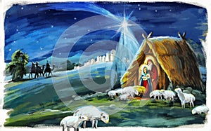 Religious illustration three kings - and holy family - tradition