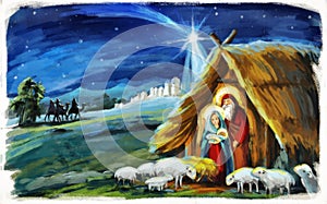 Religious illustration three kings - and holy family - tradition