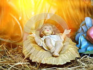 traditional Christmas scene, lights to use in illustration design Nativity scene of baby Jesus in a manger