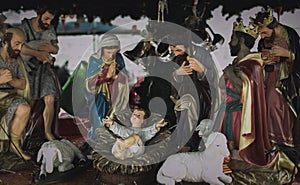 Traditional Christmas scenes and sacred light shining for use in illustration design Nativity scenes with Jesus baby on the manger