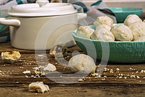 Traditional Christmas snowballs cookies, biscuits covered sugar powder
