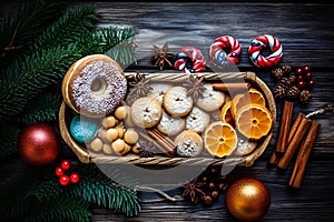 Traditional Christmas sweets, pastries and nuts for Christmas, still life on a festive background, generative AI