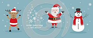 Traditional Christmas symbols, decorations. Snowman, Santa Claus, deer, reindeer, Christmas tree. New year and Christmas symbol.