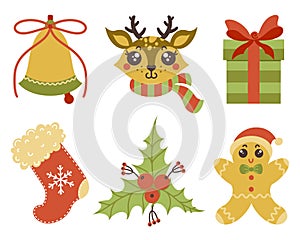 Traditional Christmas symbols vector set. Hand-drawn illustrations isolated on white background. Festive elements