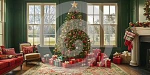 A traditional Christmas tree with classic red and green decorations, surrounded photo