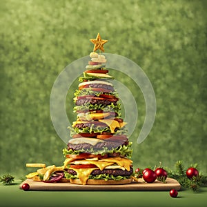 traditional christmas tree on green background made out of beef hamburgers sited on a wooden platter