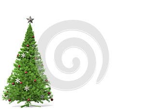 Traditional Christmas tree with silver snowflake decorations and red baubles