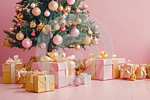 Traditional Christmas tree with star and balls and baubles on a pink background