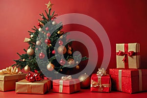 Traditional Christmas tree with star and balls and baubles on a red background
