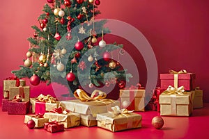 Traditional Christmas tree with star and balls and baubles on a red background