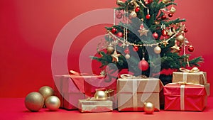 Traditional Christmas tree with star and balls and baubles on a red background