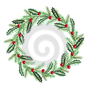 Traditional Christmas watercolor wreath floral whole round green hand painted with frame in circle arrangement for greeting card