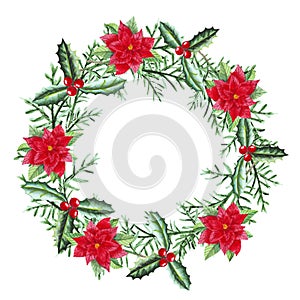 Traditional Christmas watercolor wreath floral whole round green hand painted with frame in circle arrangement for greeting card