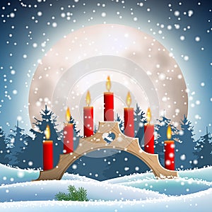 Traditional Christmas wooden candlestick with red candles