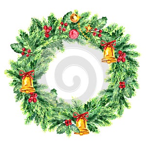 Traditional christmas wreath isolated on white background. Festive decoration.