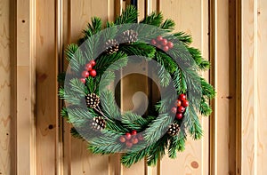 A traditional Christmas wreath made of lush green pine branches, red berries, and pinecones, perfect for festive home photo