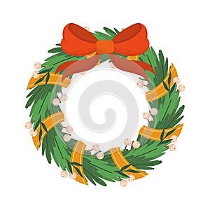 Traditional Christmas Wreath with Red and Gold Bow Isolated on White Background. Xmas Decor of Spruce Branches