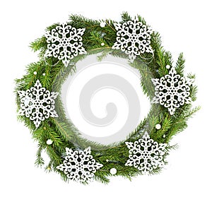 Traditional Christmas wreath with snowflakes isolated on a white background. Christmas holiday.