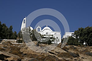 Traditional church in Greece with a bell. panorama