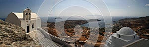 Traditional church in Greece with a bell. panorama