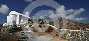 Traditional church in Greece with a bell. panorama