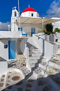 Typical Greek white Church on island Mykonos, Greece