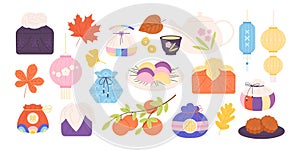 Traditional chuseok festival elements. Korean lucky bags, orange tree and cookies. Oriental chinese autumn, racy food