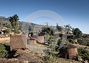 Traditional circular ethiopian tukul village houses in lalibela ethiopia