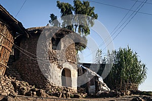 Traditional circular ethiopian tukul village houses in lalibela ethiopia
