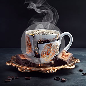 Traditional classic black Turkish coffee in a decorative mug on a saucer on a dark background