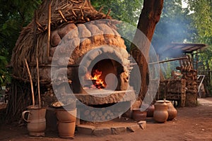 traditional clay oven with firewood and smoke