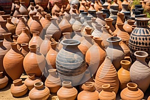 traditional clay pots filled with dried medicinal herbs