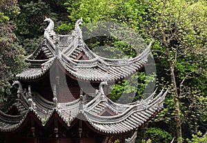 Traditional clay roof of ancient chinese Lingyin temple,closeup.