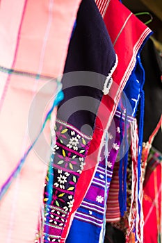 traditional clothes of Karen ethnic hill tribe minority in Thailand for sale in market