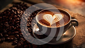 Traditional Coffee Cup With Heart-Shaped Steam On Rustic Wood