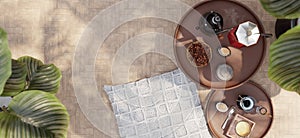 Traditional coffee machine on wooden background Cafe Coffee equipment on wooden table Top view Black coffee in vintage cup Moka